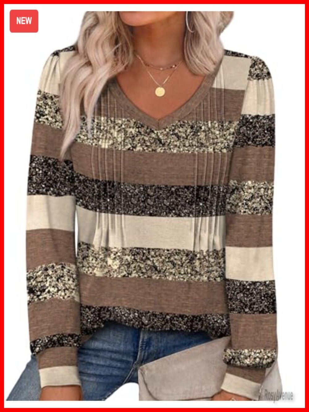 Women V Neck Pleated Tunic Top Long Sleeve Blouse Printed